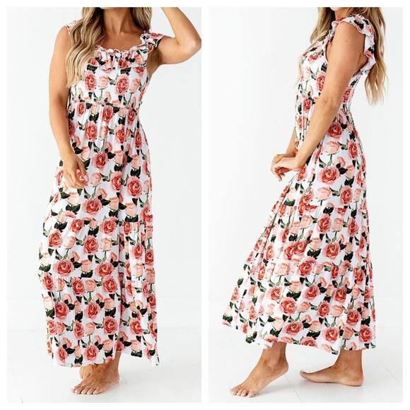 NEW Bums and Roses Mama Maxi Dress L Tiered Smocked Ruffle Floral Natural Bamboo - Picture 1 of 9